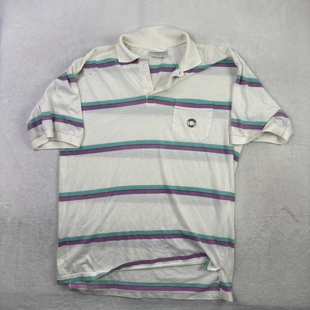 VTG Givenchy Sport Striped White Short Sleeve Collared Polo Shirt Men's LG Stain